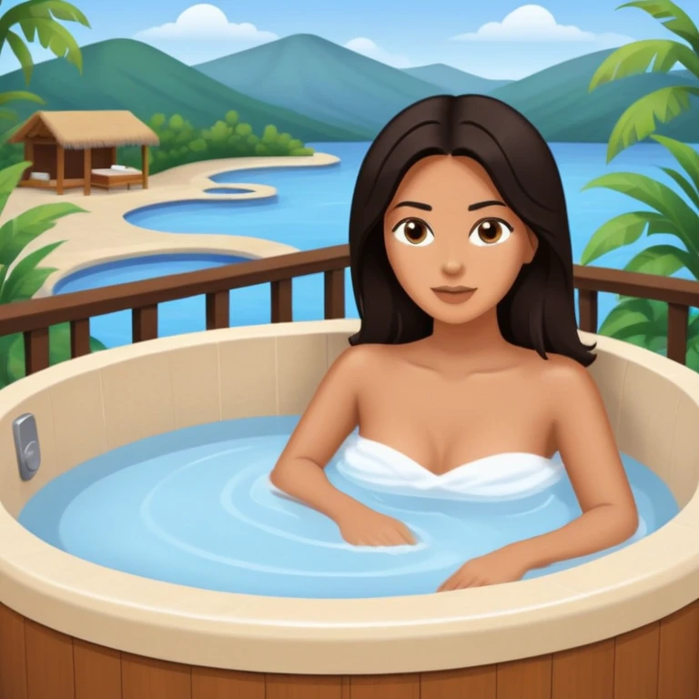 Woman with dark hair in outdoor hot tub, zoomed out perspective emoji