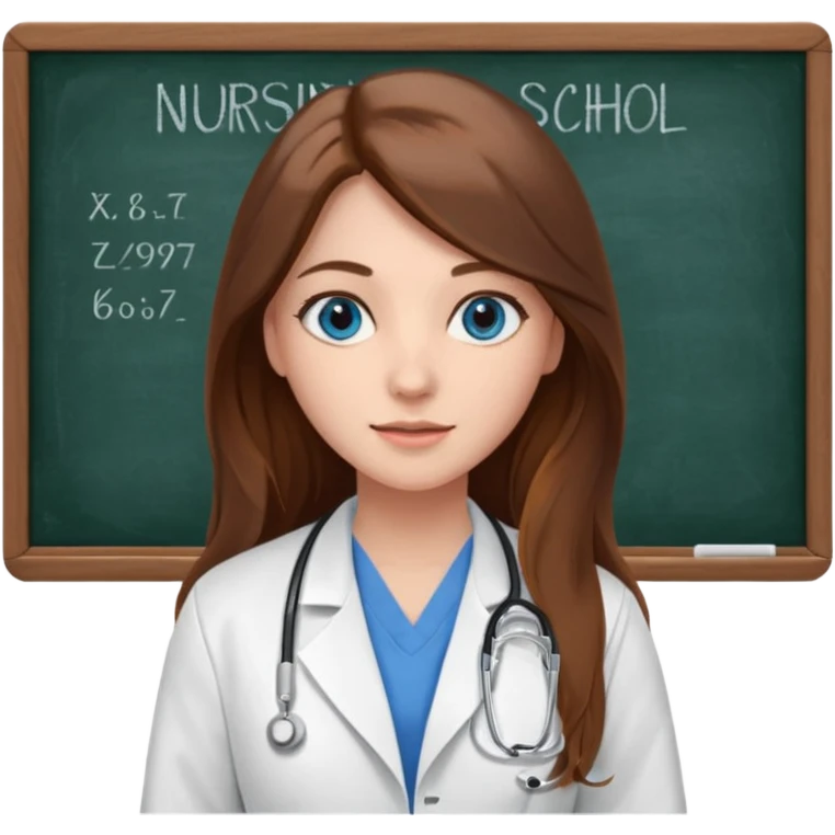 university classroom that says nursing school on the blackboard with a pretty female nursing student with long brown hair, blue eyes emoji