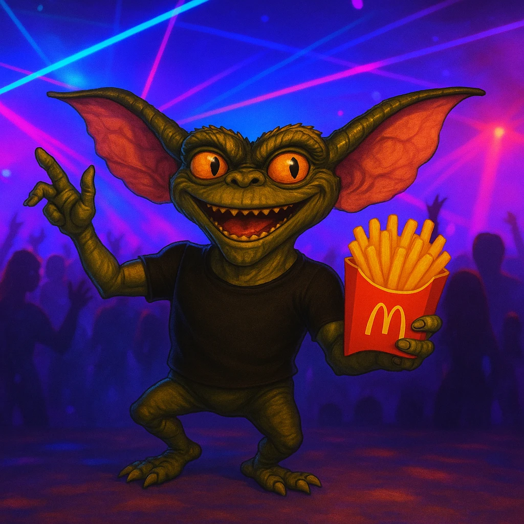 Change the gremlin's see-through shirt to black, keep the techno party and McDonald's fries theme. emoji