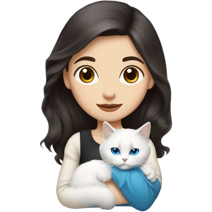 woman with dark hair and holding a all white Siberian cat with blue eyes emoji