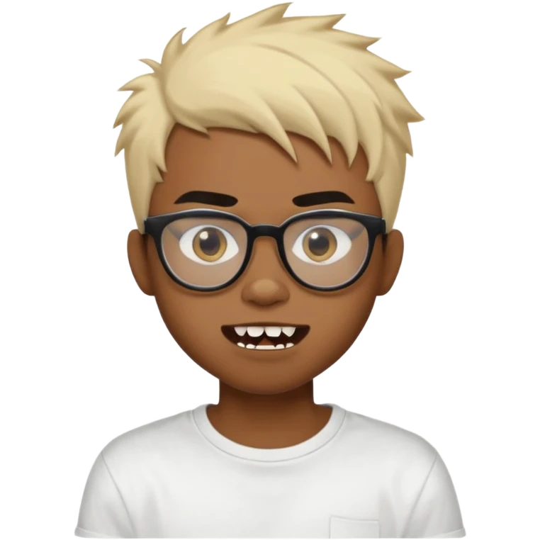 Black Male Teenager with Short punk messy blonde hair, Dark brown bushy eyebrows large expressive golden-brown eyes, wearing a plain white t-shirt, wearing thick black glasses, Dark Brown skin color. Showing off his singular vampire tooth emoji