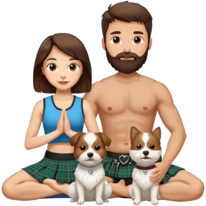 emoji of brunette man with beard wearing kilt, brunette woman in yoga outfit and one white fluffy dog emoji