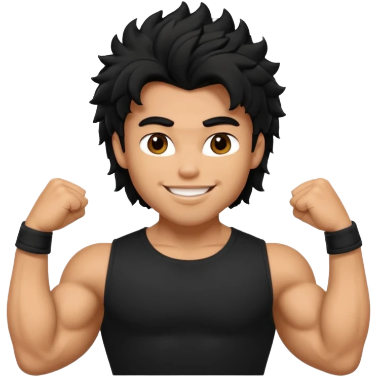 a pretty bratz guy with black hair with big muscles and shaggy hair in a tight black tee smiling emoji