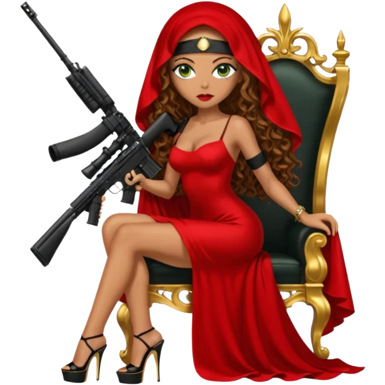 Drug dealer female green eyes symbol.  hair is brown curly long hair. sexy long with long red and black dress and face veil on that covers her mouth only. black stiletto platform high heels shoes on. Holding sniper rifle sitting on a gold throne. emoji