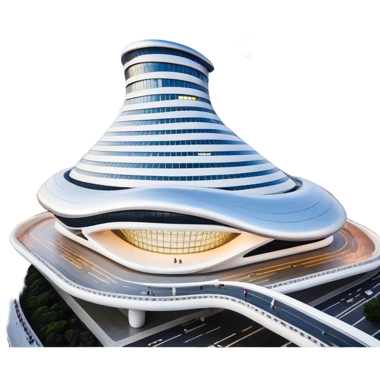 Realistic Dongdaemun Design Plaza (DDP) Landmark Emoji, featuring the iconic curving silver structure with futuristic architecture, illuminated pathways, and a sleek modern design set against the Seoul cityscape. emoji