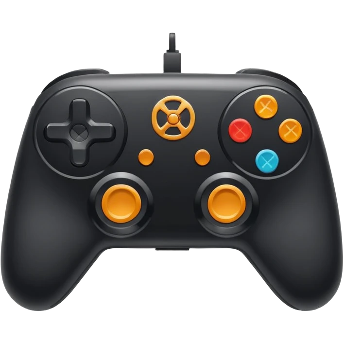 Minimalistic flat vector icon, iOS style, thin black contour on white background. Game controller with a gear symbol. Clean, no text, no shadows emoji