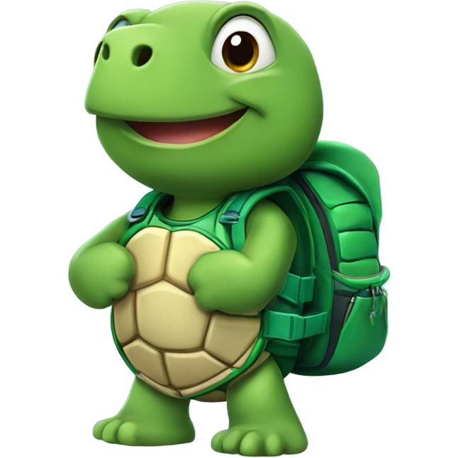 He is a stylized turtle representing persistence and kindness. The main color is green, symbolizing hope. He has a warm smile and always carries a small backpack with balls and medals. He wears a fun sports uniform. emoji