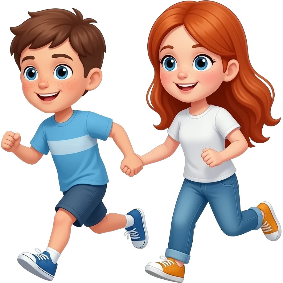 fesme uns nen i una nena correntsamb pecas  amb ulls blaus una mica mes gran que el noi  amb cabell llarg i ros i que siguin germans emoji