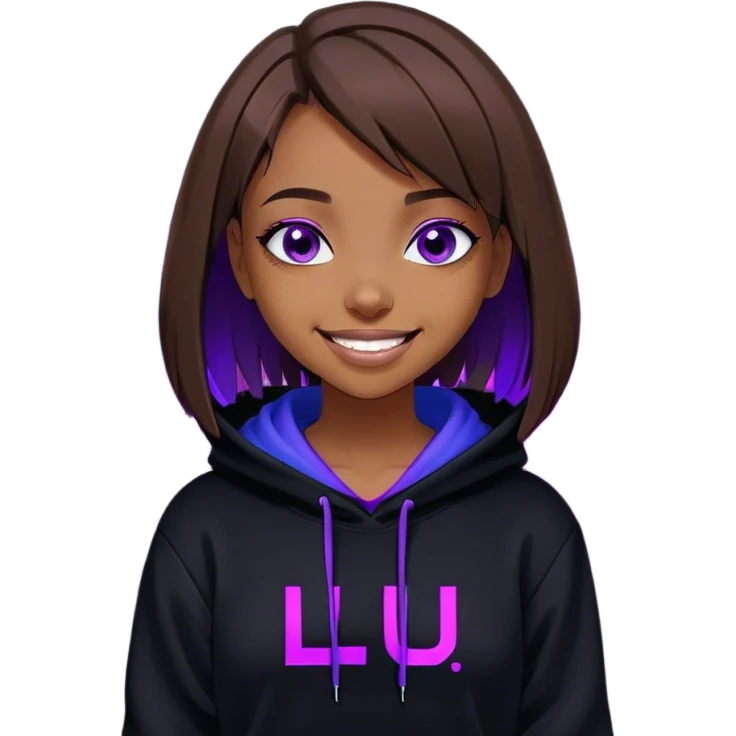 brown haired girl with a bob and blue eyes wearing black hoody with violet letters "Lu", laughs. Cyberpunk style. Violet neon. emoji