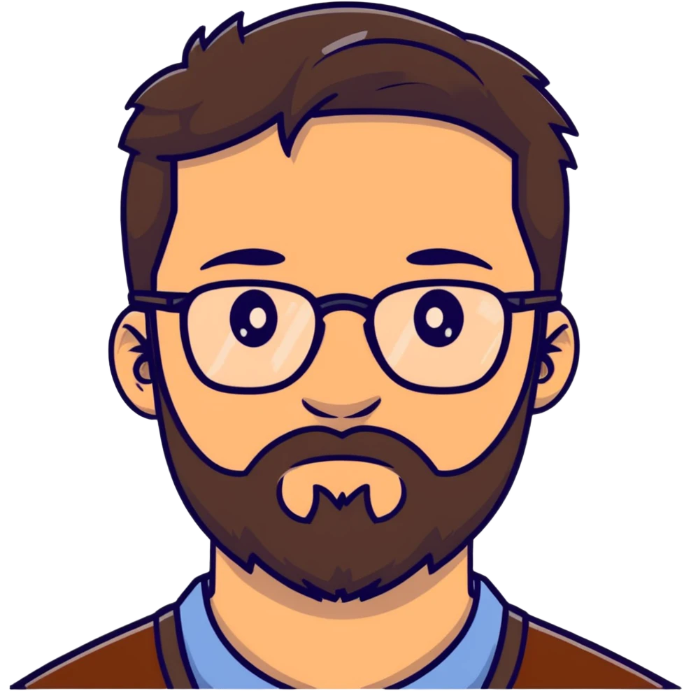 male with glasses, French cut hairstyle, brown hair, fine full beard emoji