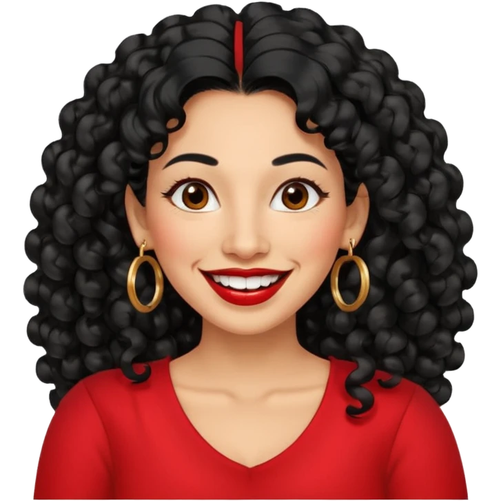 40 yr old peruvian woman, very curly long black hair, red lipstick, big smile, white teeth, brown eyes, hoop earings, hair parted at side emoji