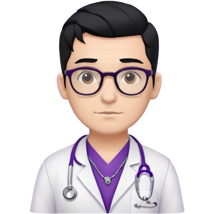 Male doctor glasses black hair, piercings and tatoos, violet uniform and white bata emoji