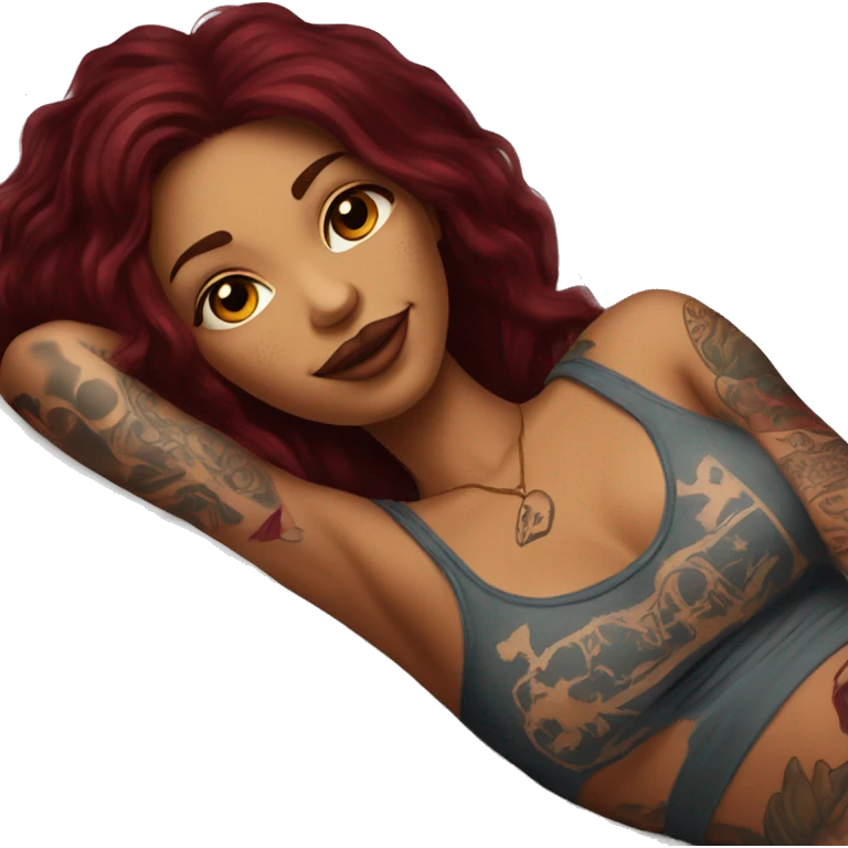 Beautiful tattooed burgundy long haired woman laying on the bed emoji