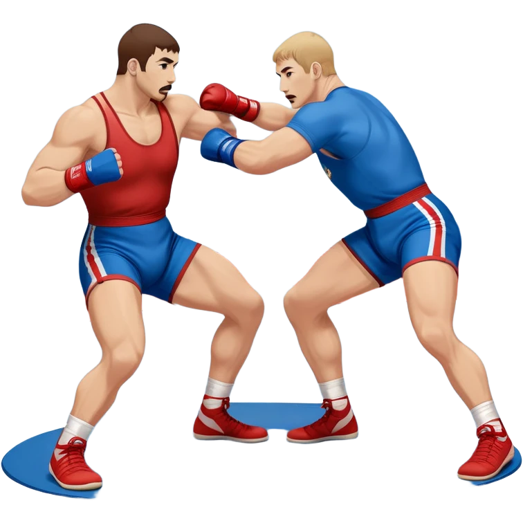 Two Sambo fighters in blue and red gis with shorts and wrestling shoes, executing gripping and throwing techniques. The fighters are engaged in a dynamic, action-packed moment with no strikes. The background features a wrestling mat, focusing on the technique and control. Transparent background  emoji