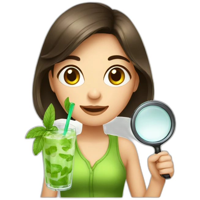 brunette girl with left magnifying glass and right mojito emoji