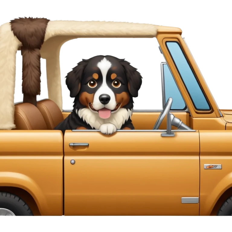Bernese mountain dog in a cream colored ford bronco with no roof emoji