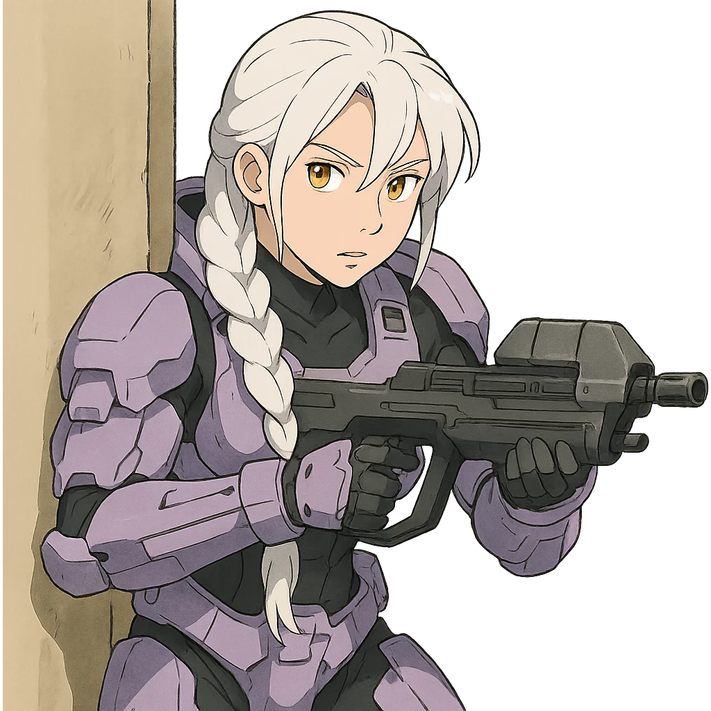 female, wearing reach spartan armor default, long white braid hair with massive messy front side single bangs, gold yellow eyes, attention pose, HALO:series, no helmet, the armor is lavender color scheme, shoulder pad off. DDD bust size fitting. Punk gothic cyberpunk, peeking around a corner while aiming a classic HALO1 AR, tactical, lean emoji