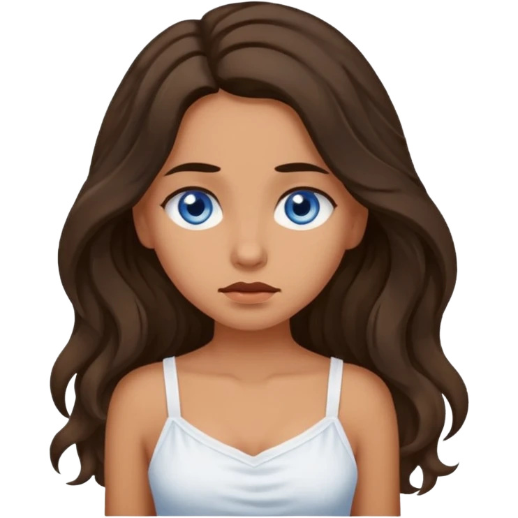 Girl with olive skin, blue eyes, brown dark insanely wavy long hair, white camisole feeling sick emoji
