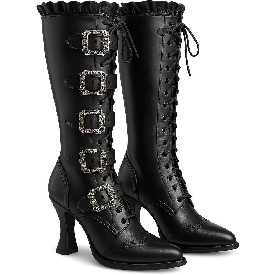 Aristocrat goth boots, black leather, silver buckles, Victorian style emoji