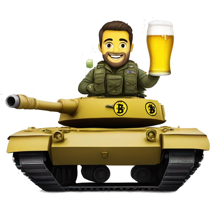 A bvb dortmund themed army tank with a fan riding on top holding a beer.  emoji