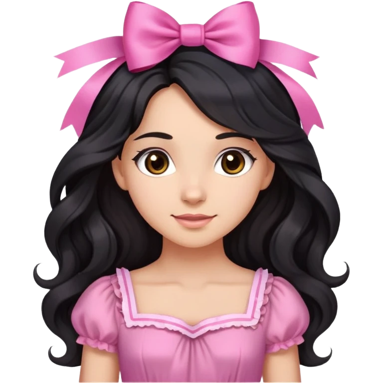 Beautiful girl with long wavy black hair, brown eyes, light skin, slight smile, pink ribbon in hair, and pink dress emoji