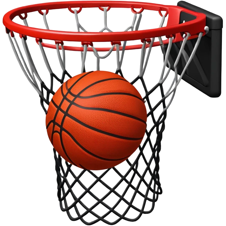 Red and black basketball halfway through net, freeze frame moment, iOS emoji style emoji