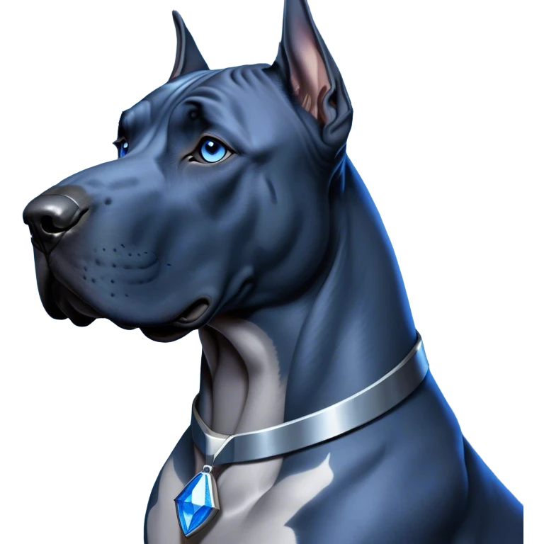 Cinematic Noble Blue Great Dane Portrait Emoji, Poised and regal, with a towering, muscular build and a sleek, well-groomed deep blue Fur, deep-set soulful steel-blue eyes, Simplified yet sharp and sophisticated features, highly detailed, glowing with a cool, dignified glow, high shine, intelligent and commanding, stylized with an air of majesty, focused and attentive, soft glowing outline, capturing the essence of a watchful and authoritative guardian, so majestic it feels as though it could stride out of the screen with effortless authority! emoji
