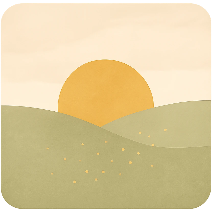 minimalist, artistic avatar with warm gentle palette beige, light brown, green, pale yellow, abstract expression of slowly becoming wealthy with sunrise over field with subtle golden sparkles, no text, square format emoji