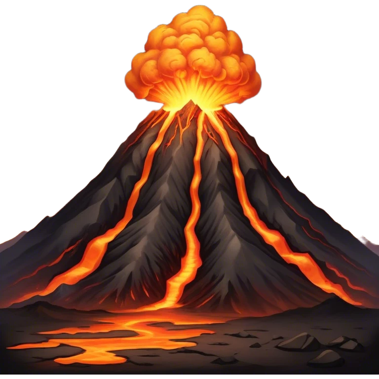 Cinematic Realistic Volcano Emoji, Powerful and awe-inspiring, with molten lava flowing from its jagged, smoking peak, casting an orange glow in the surrounding darkness. The landscape around it is barren and rocky, with clouds of ash rising into the sky. Soft glowing outline, capturing the essence of raw power and fiery energy in a towering volcano. emoji