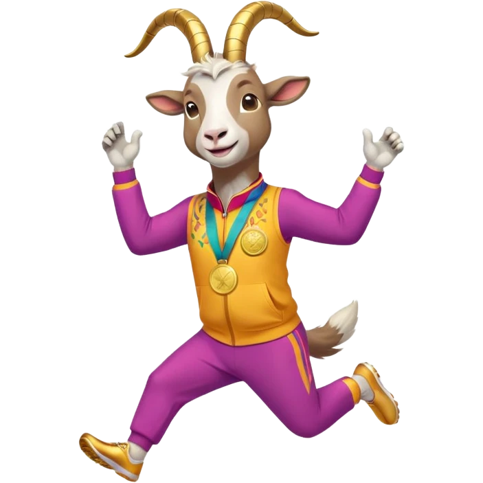 friendly anthropomorphised goat jogging upright in a colourful suit, holding up a medal, relaxed pose emoji