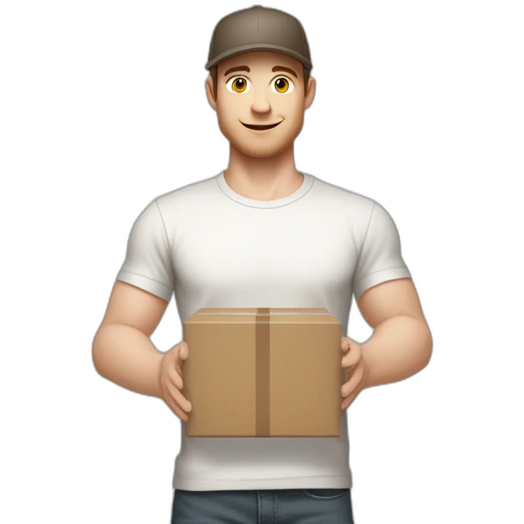 Pale skinned fit Man with dark brown hair in a light gray cap, dark brown jeans, brown polo and white T-shirt keeping a pasted with tape white box into his hands emoji