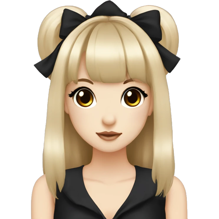 hime gyaru girl, light skin with brown eyes and black hair with bangs, bows, dark makeup, black shirt emoji