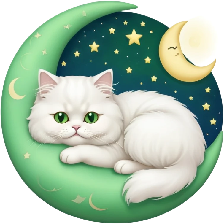 White Persian cat with green eyes sleeping on crescent moon  emoji