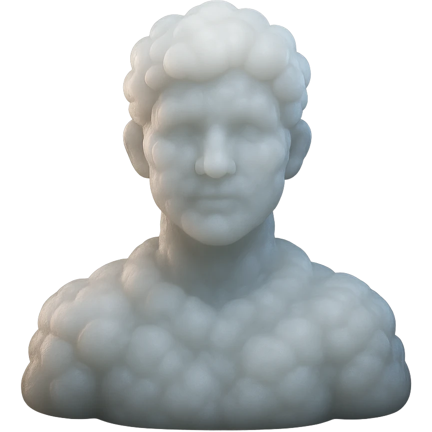 person looking straight, made entirely of white fluffy convex clouds, shoulder up, matte glass style, clouds more voluminous, no background emoji