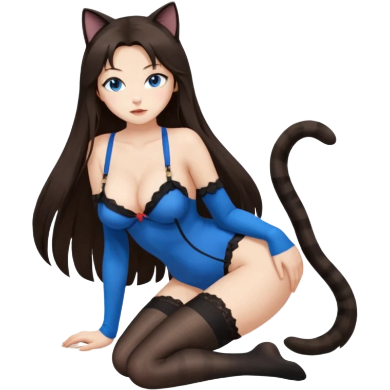 Buxom brunette super long hair intimate sfw blue eyes Asian black nylon stocking pose cat girl emoji