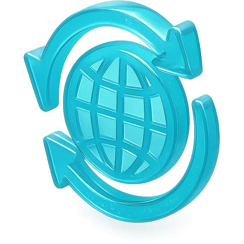 Minimalist icon of a globe with arrows circling around it, flat design, representing website traffic, cyan blue emoji