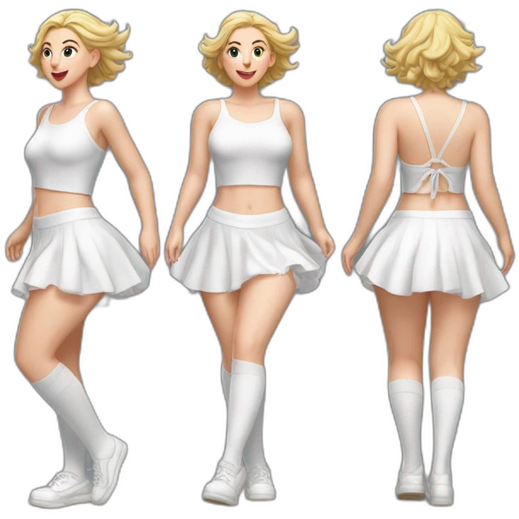 Hyperrealistic Full body Caucasian curvy beauty jumping short white skirt back and front views strong wind knickers long white socks emoji