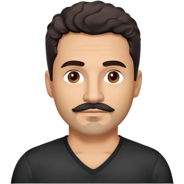 Hispanic man in his 40s with light cinnamon skin. Structured face with defined jawline. Calm brown eyes. Natural thick eyebrows. Connected mustache and chin beard (goatee) in black with a few gray hairs. Short curly dark hair. Wearing a black V-neck t-shirt. emoji