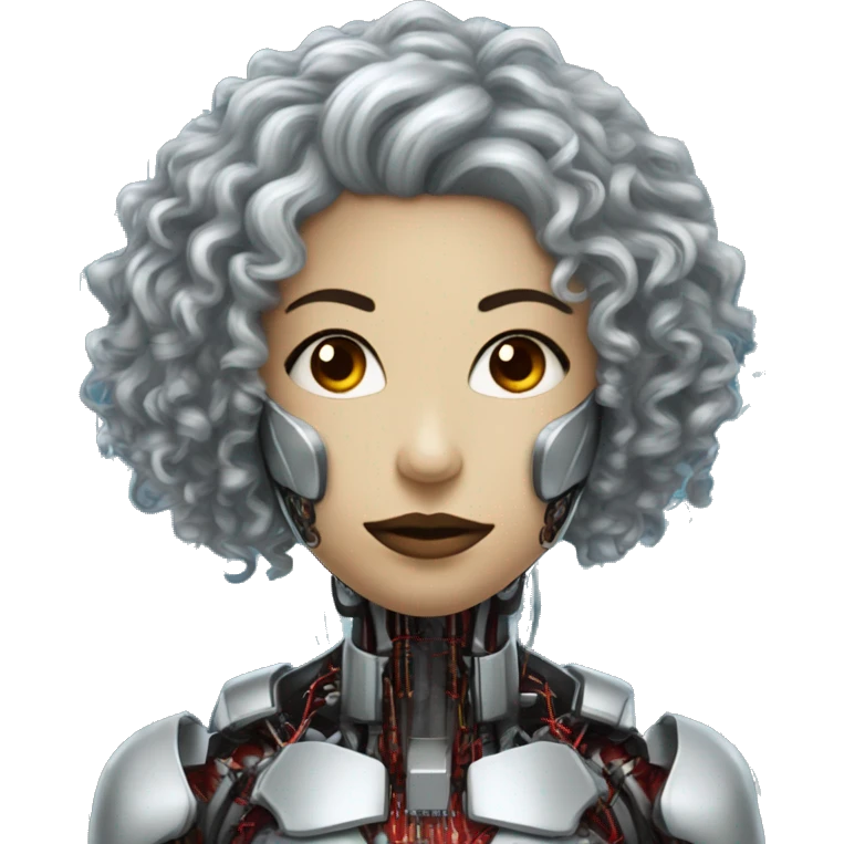 Silver curly hair female cyborg head with red mask and circuits emoji