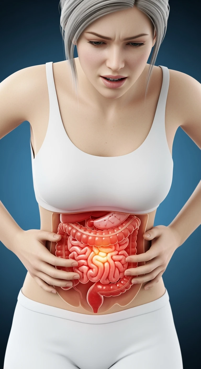 DONNA CON INTESTINO ANATOMICO REALISTICO e mal di pancia, intestino realistico in evidenza, IPERREALISTICO 4K emoji