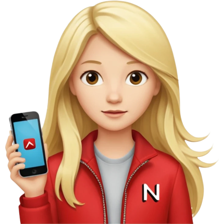 mujer  joven rubia con pelo largo y saco rojo con modem de internet y wifi con netflix emoji