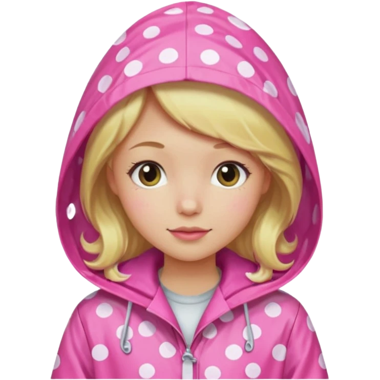 Blonde girl in a pink polka dot raincoat with hoodie emoji