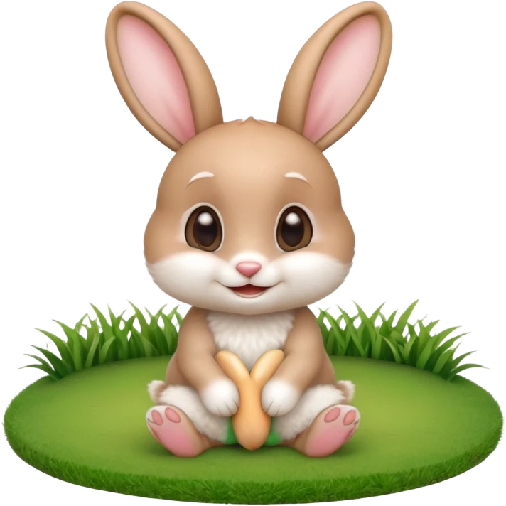 A cute 3D cartoon rabbit sitting on green grass, soft white fur, big ears, round eyes, and a cheerful smile, bright natural lighting, Memoji-style. emoji