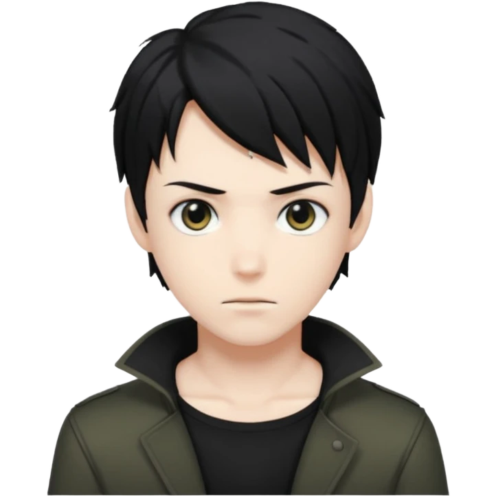 White male, black anime hair, black hunter eyes, black shirt emoji