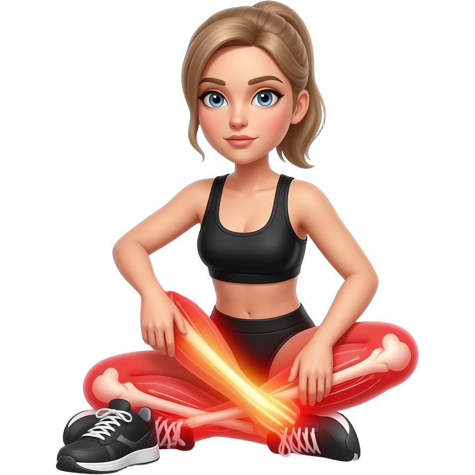 leg pain, full red glow covering both legs from hips to feet, woman holding one leg, fair-skinned woman, gray-blue eyes, ash brown brows, ash light brown hair tied back, slim athletic body, black workout set emoji