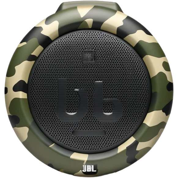 Minimalist JBL Clip 4 speaker with digital camouflage pattern, iOS emoji style emoji