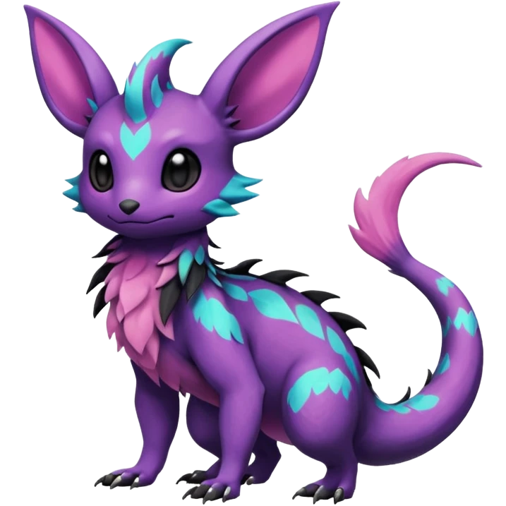 Rare exotic cute epic aesthetic Salandit-Eevee-Noibat-species-Fakemon-hybrid-creature, with markings, full body emoji