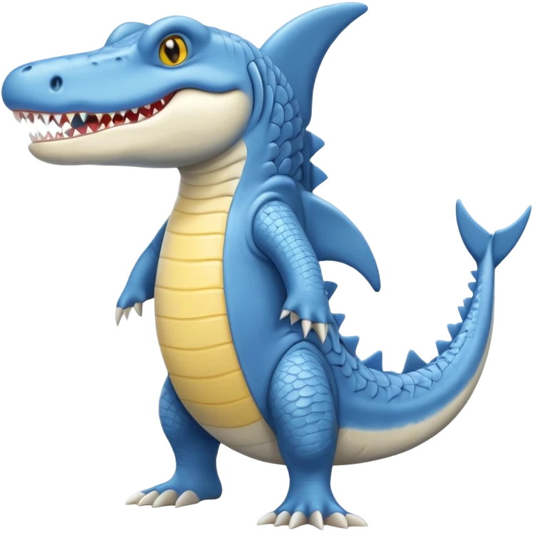 Appearance: The character is predominantly blue with a lighter belly and yellow eyes.
Features: It has large teeth, a shark-like fin on its back, and a tail.
Attire: The crocodile is wearing a pair of light blue and white sneakers.
Pose: It is standing upright on its hind legs. emoji