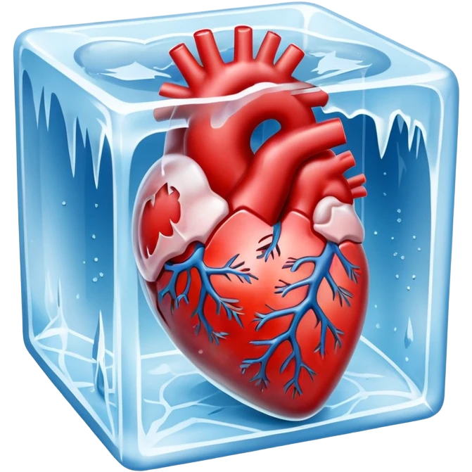 Ultra-realistic photo of a human heart frozen inside a clear ice cube, sharp details, icy texture, frost on the surface, studio lighting, 8k resolution emoji