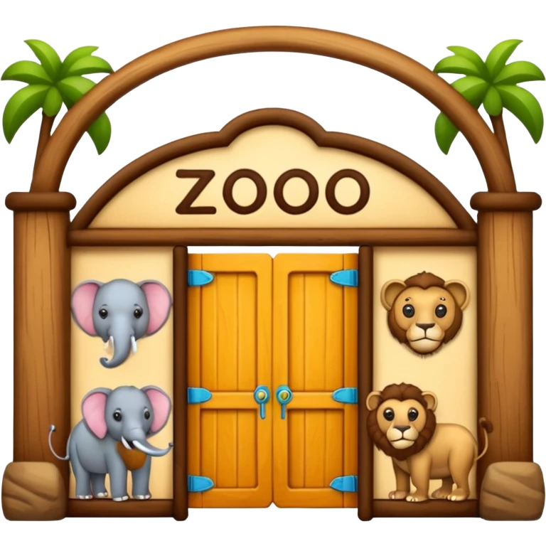 classic emoji-style wooden zoo entrance with the word 'zoo' and four animals: elephant, lion, kangaroo, and monkey, genuine emoji look, not AI-generated emoji
